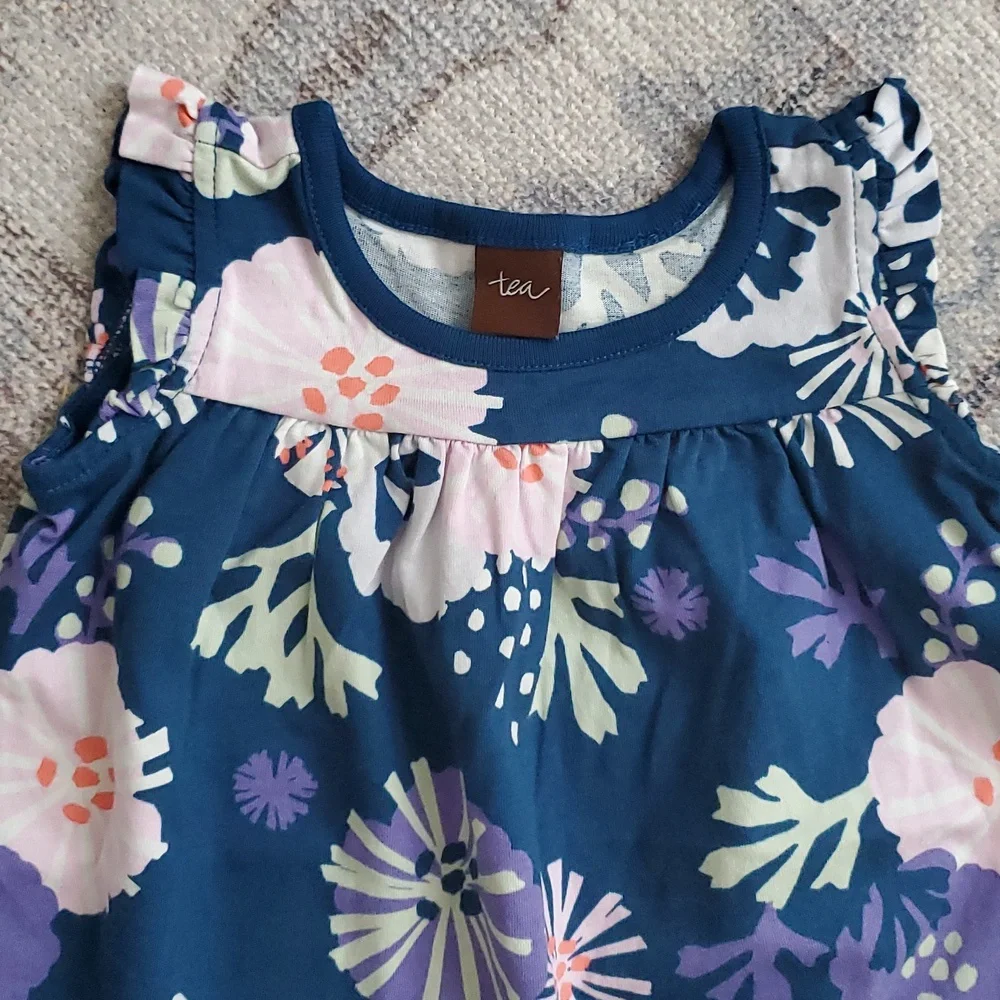 Tea Collection Baby Girls Navy Coral Abstract Print Dress Sz9-12m